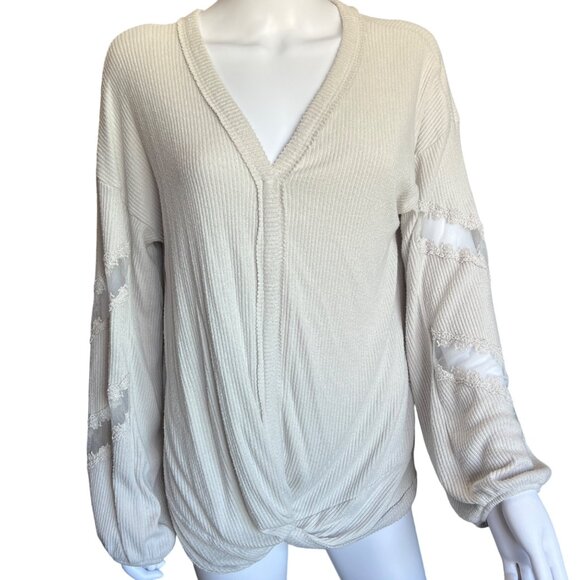 Daytrip Cream Lace Sleeve Ribbed Knit V-Neck Crossover Sweater Womens Size XL - Picture 1 of 5